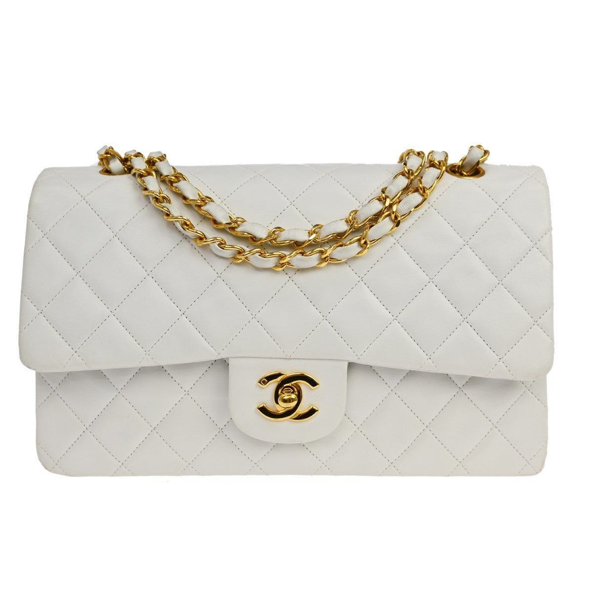Chanel Classic Double Flap Quilted Lambskin White Leather Handbag (Pre-Owned)