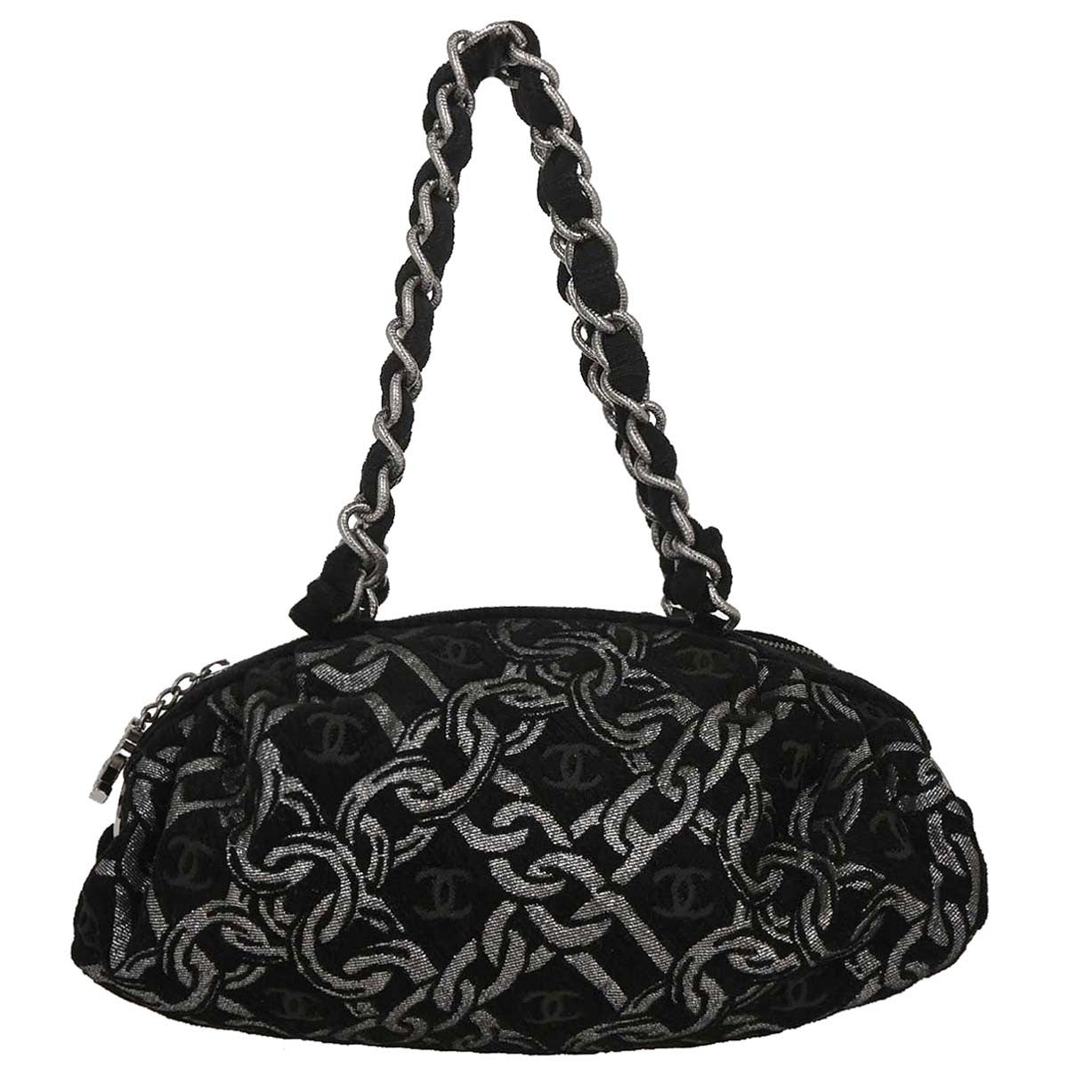 Chanel Vintage Zip Bowler Printed Jacquard Black Cotton Shoulder Bag Bag (Pre-Owned)