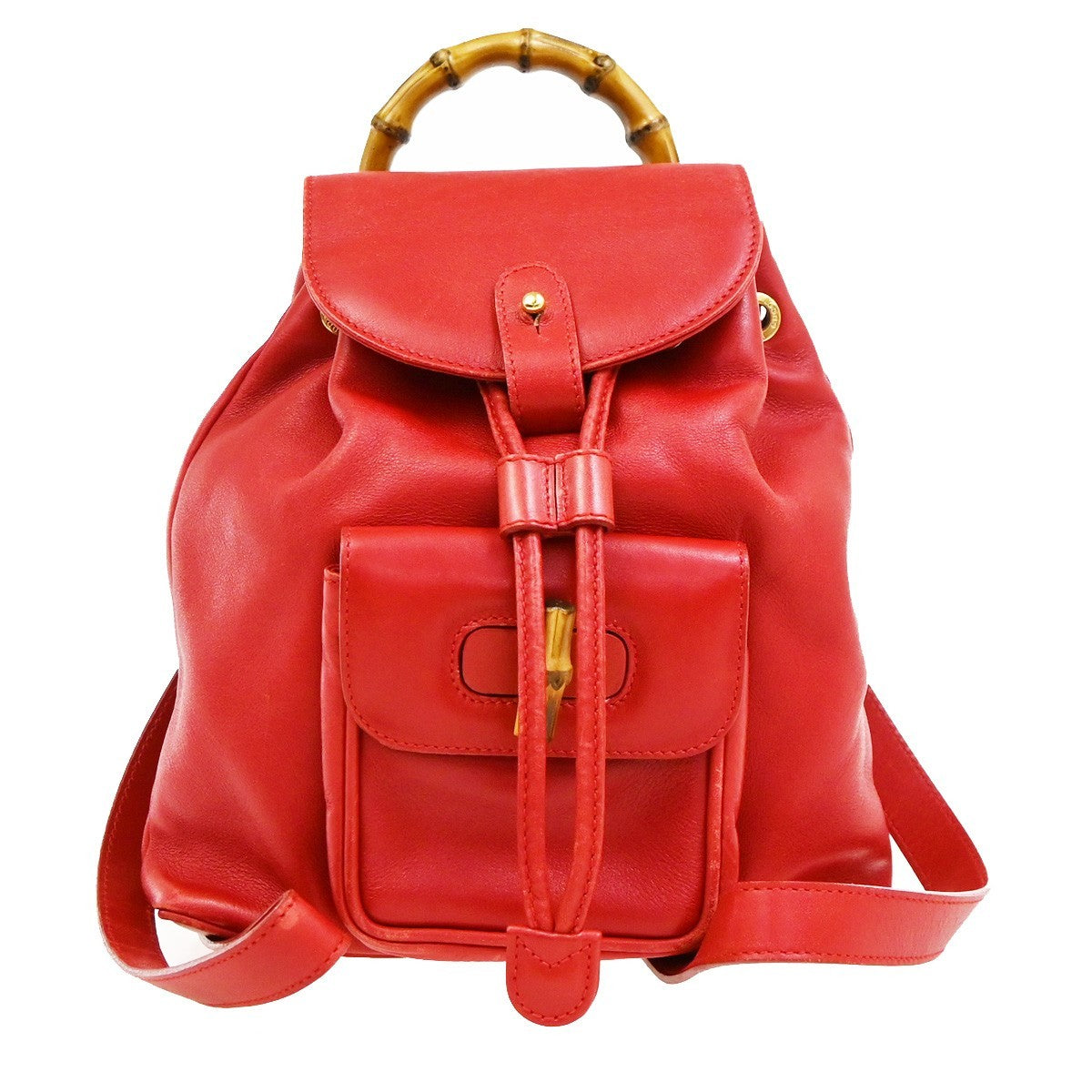 Gucci Vintage Bamboo Leather Red Leather Backpack Bag (Pre-Owned)