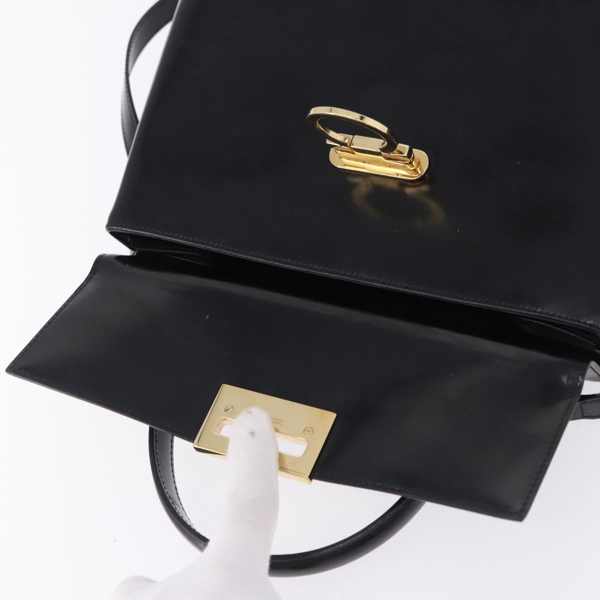Salvatore Ferragamo Gancini Top Handle Leather Black Patent_Leather Handbag (Pre-Owned)