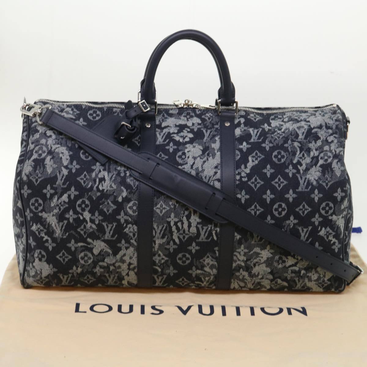 Louis Vuitton Keepall Bandouliere Monogram Tapestry Canvas Navy Canvas Bag (Pre-Owned)
