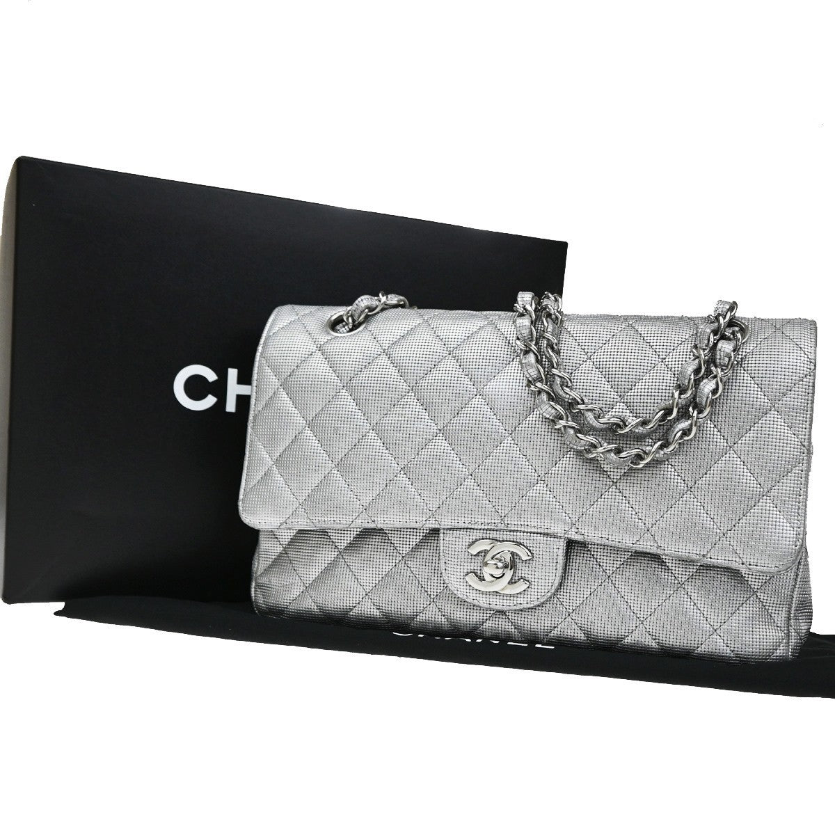 Chanel Classic Timeless Double Flap Pixel Effect Quilted Calfskin Silver Leather Handbag (Pre-Owned)