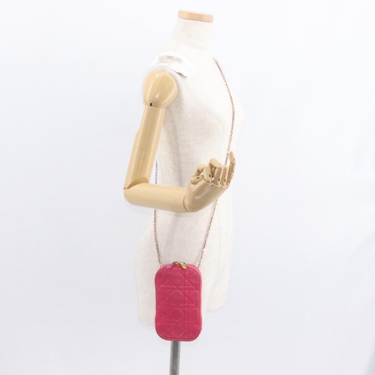 Christian Dior Lady Dior Phone Holder On Chain Cannage Quilt Lambskin Pink Leather Clutche & Pouche Bag (Pre-Owned)