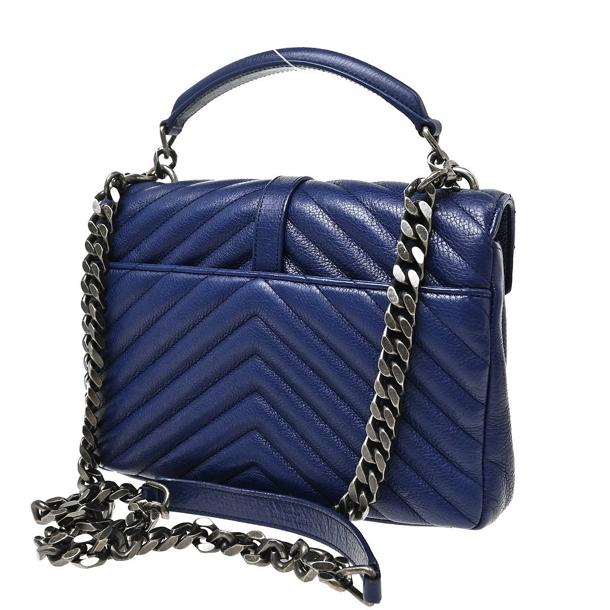 Saint Laurent Classic Monogram College Matelasse Chevron Leather Blue Leather Handbag (Pre-Owned)
