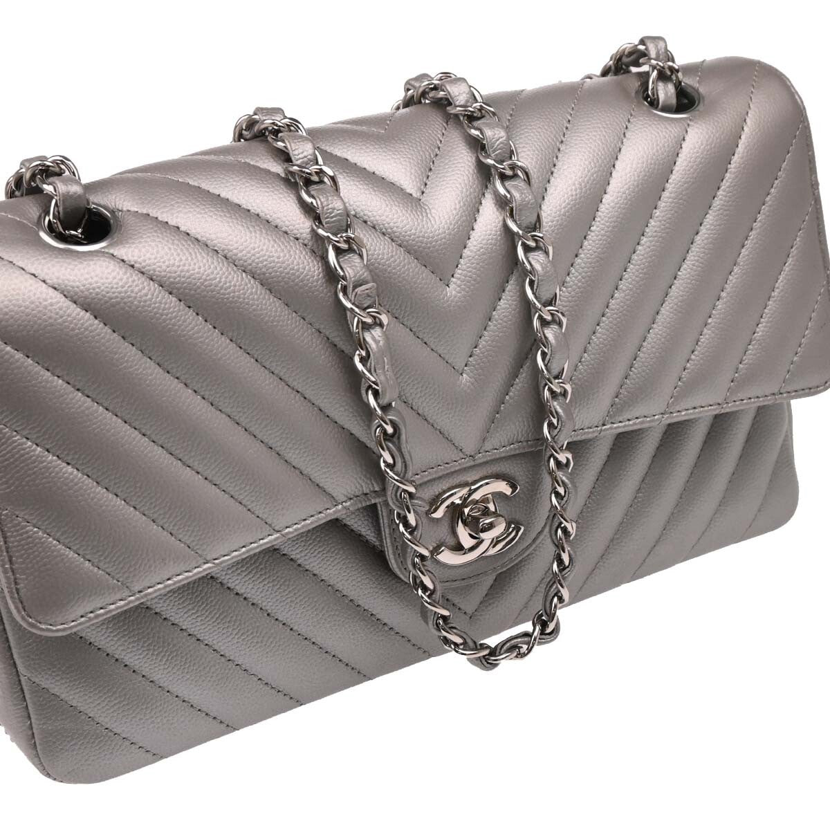 Chanel Timeless - Classic Double Flap Leather Silver Calfskin Shoulder Bag Bag (Pre-Owned)