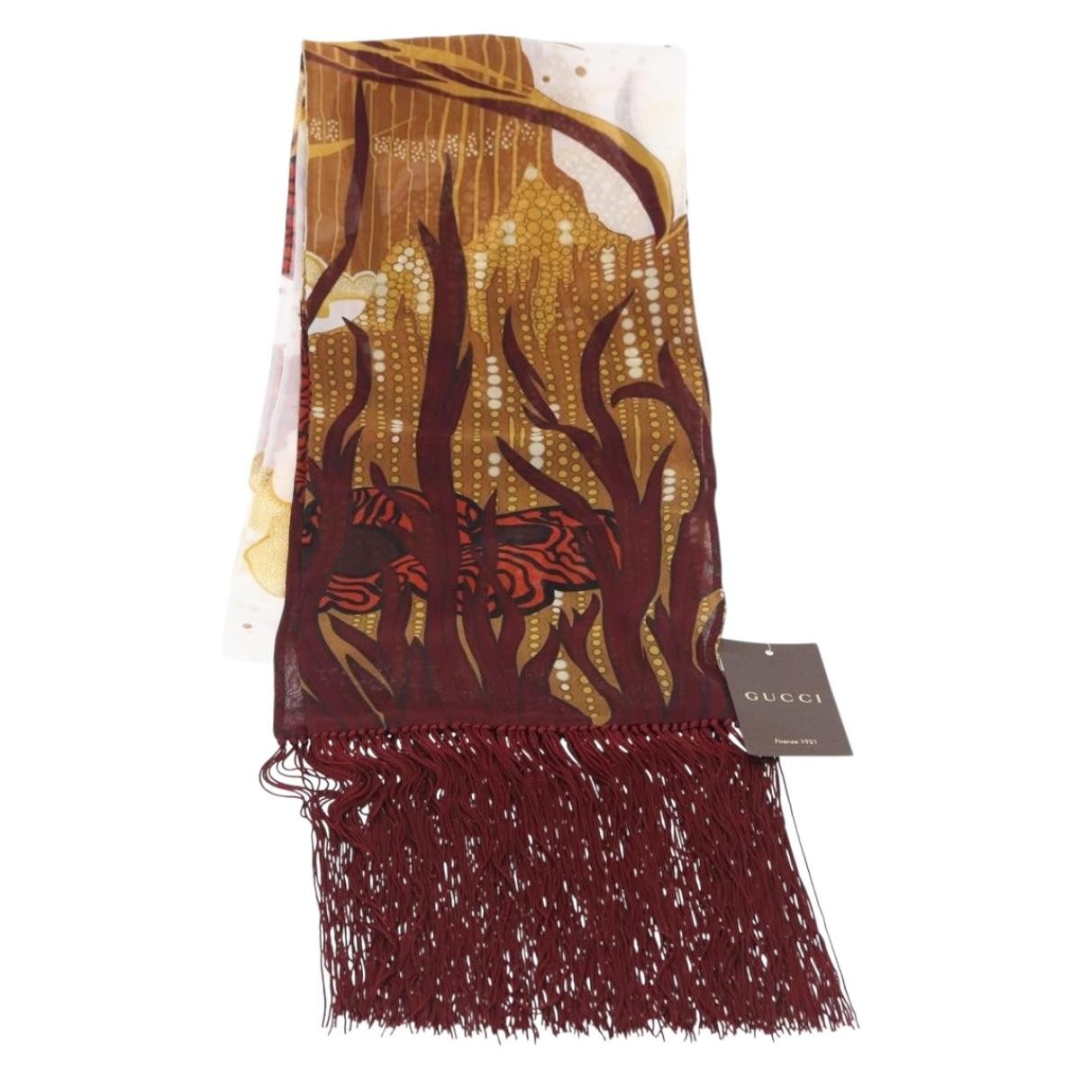 Gucci Printed Silk Fringed Scarf Silk Burgundy Silk Scarve & Shawl Accessory (Pre-Owned)