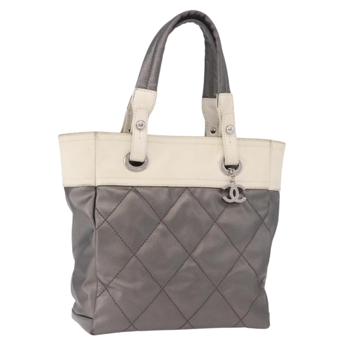 Chanel Biarritz Quilted Canvas Gray Canvas Tote Bag Bag (Pre-Owned)