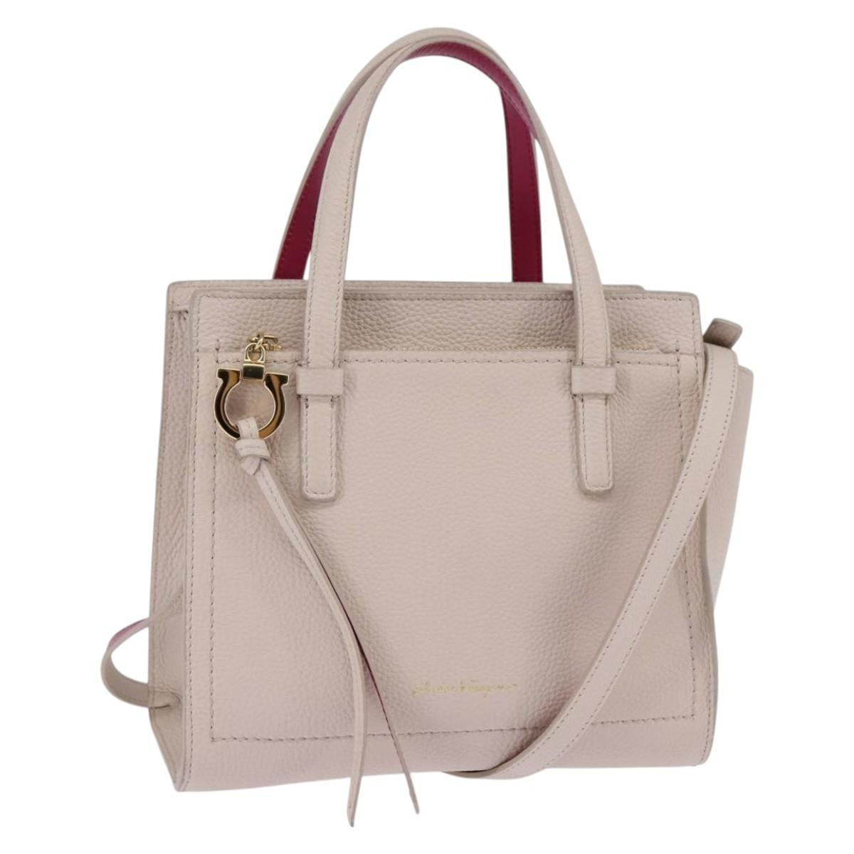Salvatore Ferragamo Amy Pebbled Leather Beige Leather Handbag (Pre-Owned)