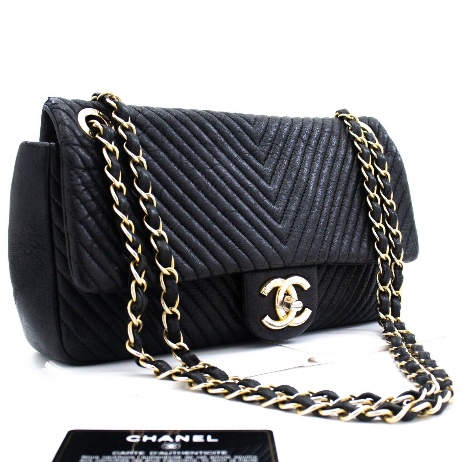 Chanel Classic Single Flap Chevron Lambskin Black Leather Shoulder Bag Bag (Pre-Owned)