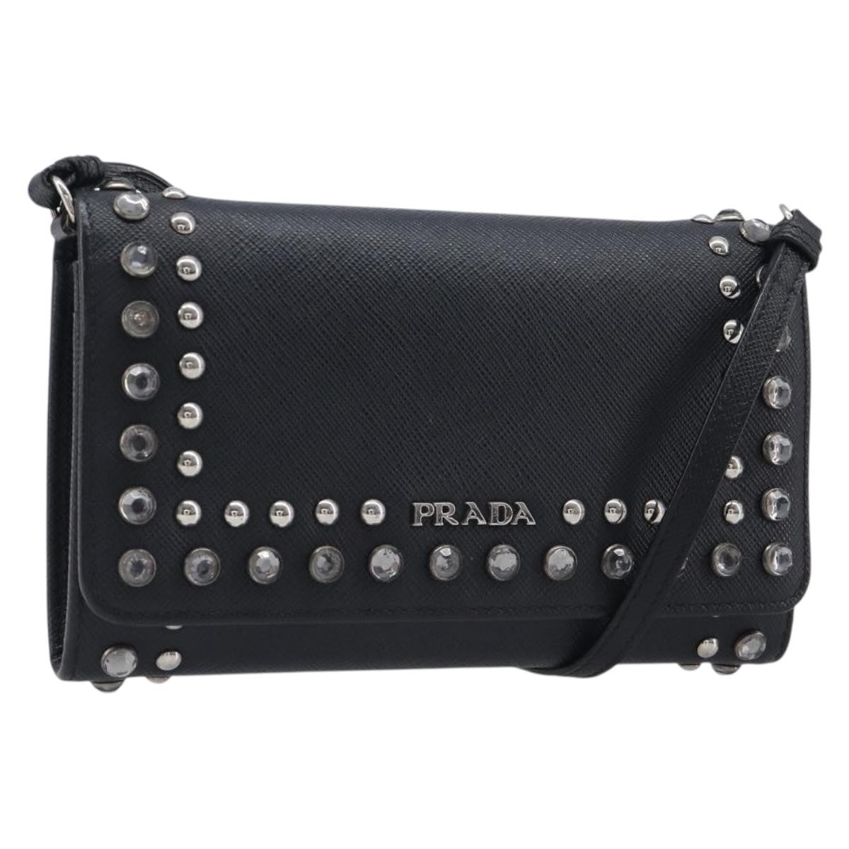 Prada Flap Studded Saffiano Leather Black Leather Crossbody Bag Bag (Pre-Owned)