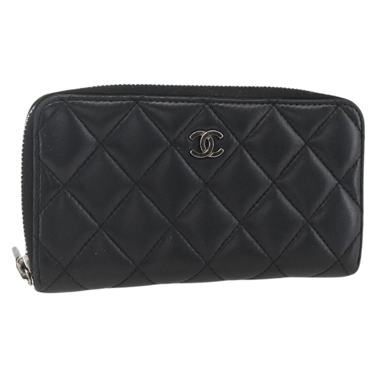 Chanel Zip Around Organizer Quilted Lambskin Black Leather Wallets Accessory (Pre-Owned)