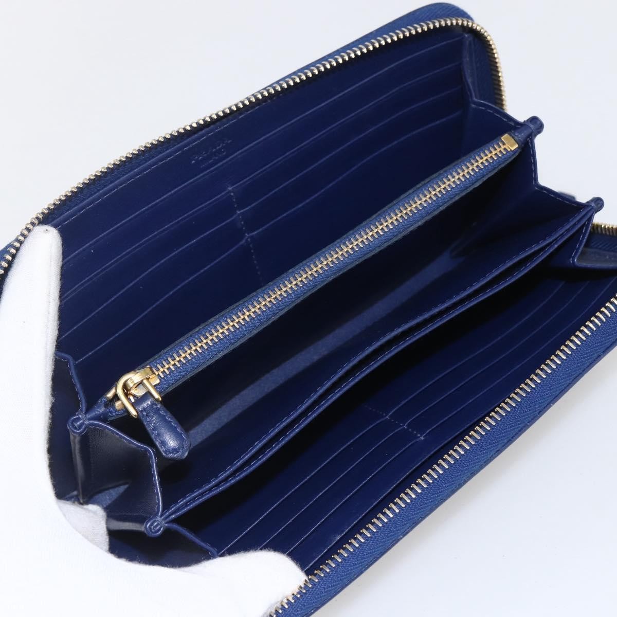 Prada Zip Around Organizer Saffiano Leather With Applique Blue Leather Wallets Accessory (Pre-Owned)