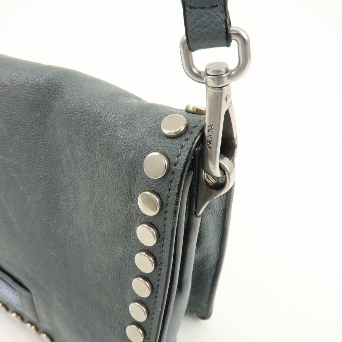Prada Etiquette Flap Studded Tessuto Gray Leather Handbag (Pre-Owned)