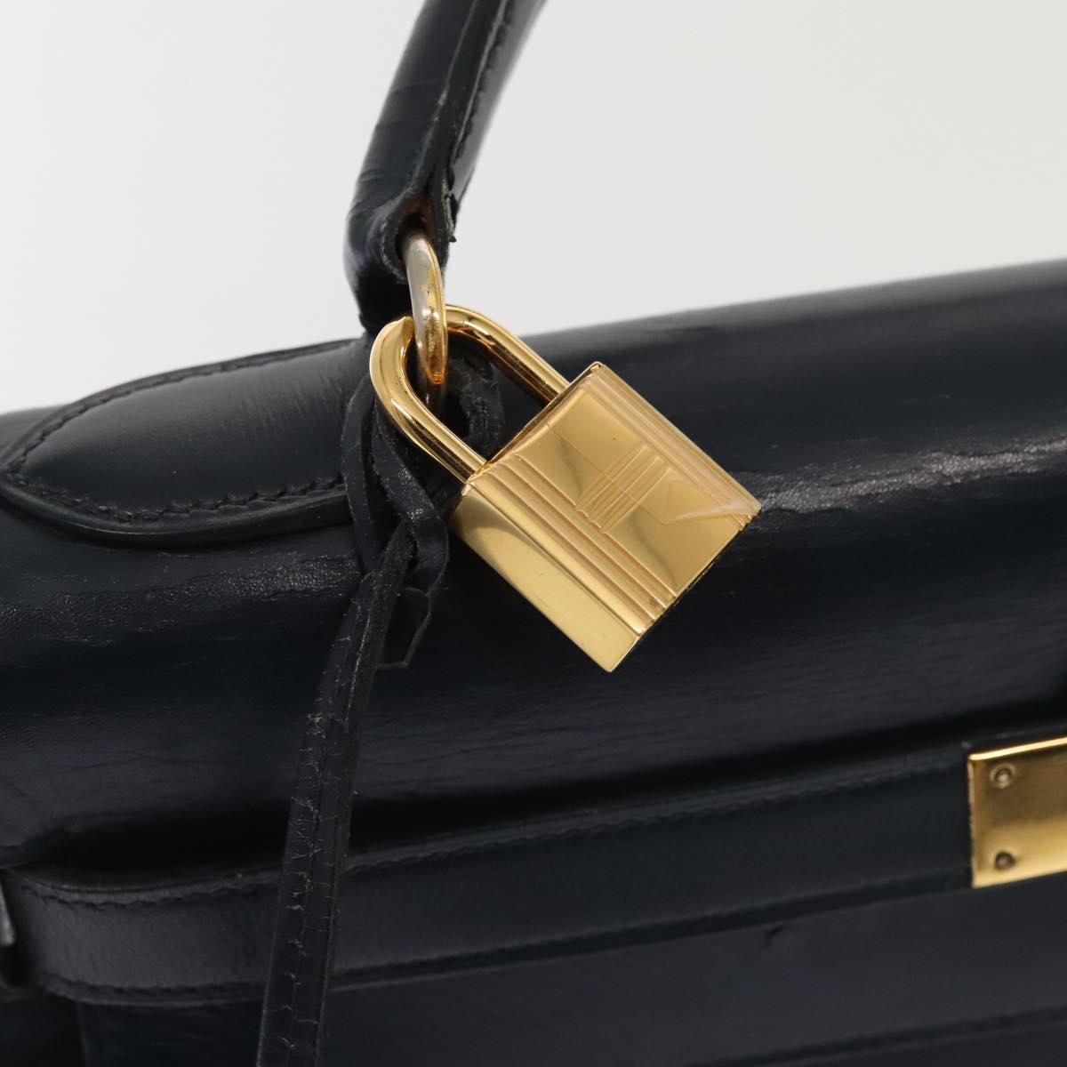 Hermes Kelly Black Box Calf With Gold Hardware Navy Leather Handbag (Pre-Owned)