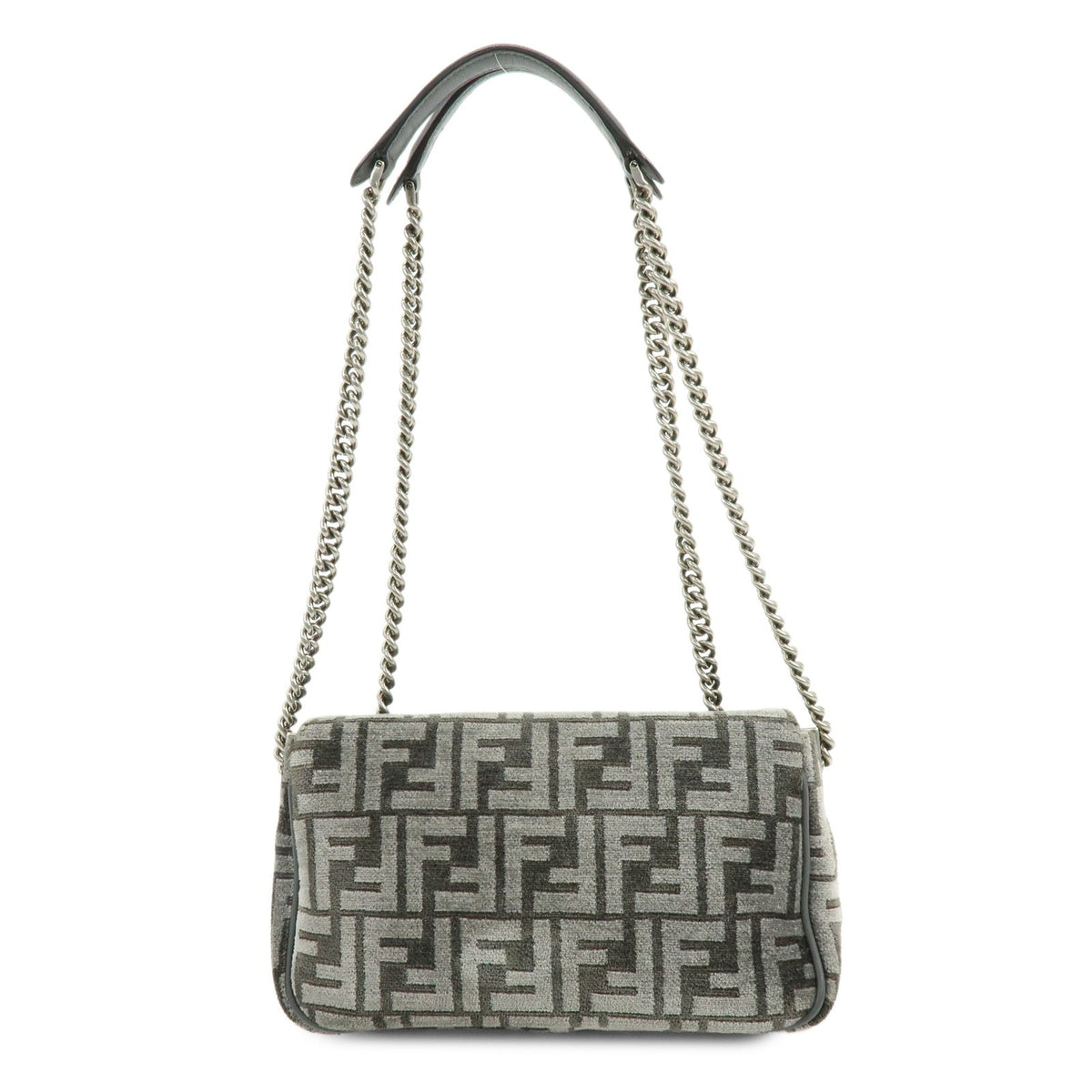 Fendi Chain Baguette Zucca Viscose Gray Viscose Handbag (Pre-Owned)