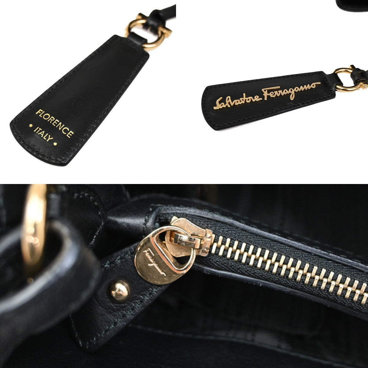 Salvatore Ferragamo Gancini Tote Leather Black Leather Tote Bag Bag (Pre-Owned)