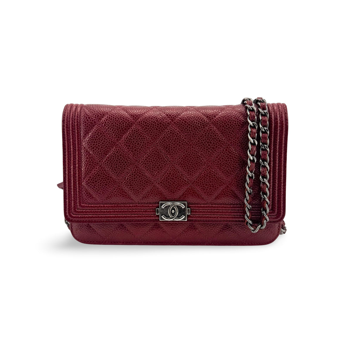Chanel Boy Wallet On Short Chain Quilted Lambskin Burgundy Leather Crossbody Bag Bag (Pre-Owned)