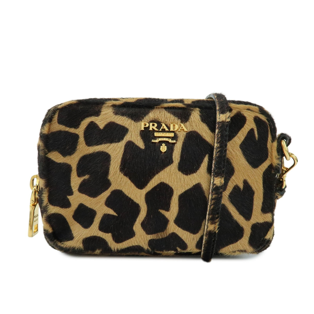 Prada Camera Printed Calf Hair Brown Pony_Style_Calfskin Handbag (Pre-Owned)