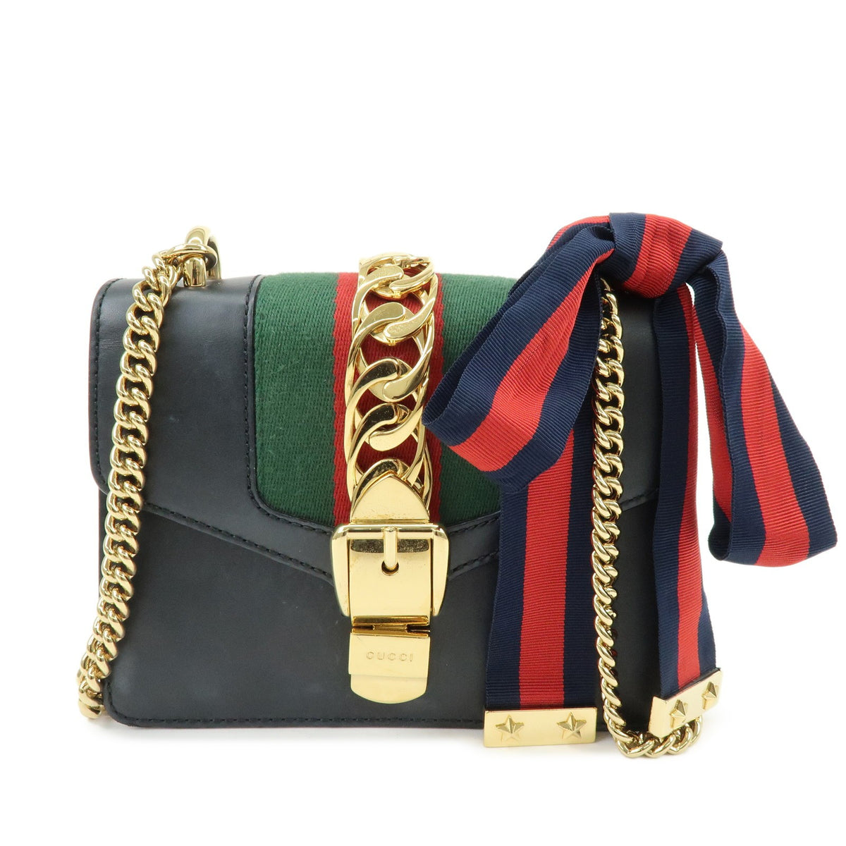 Gucci Sylvie Chain Leather Black Leather Shoulder Bag Bag (Pre-Owned)