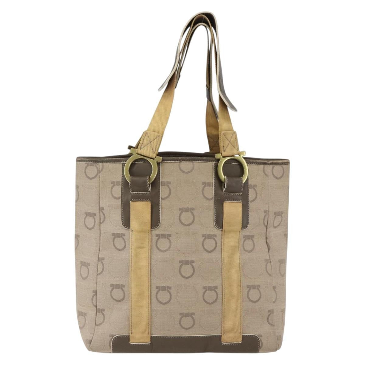 Salvatore Ferragamo Gancini Canvas Beige Canvas Handbag (Pre-Owned)