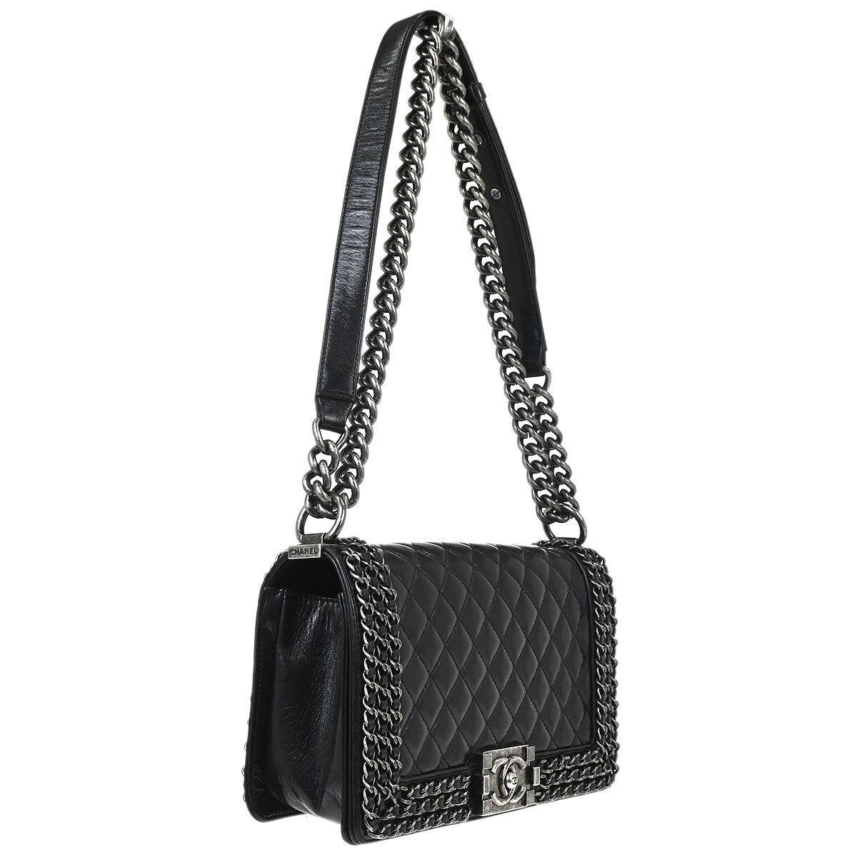 Chanel Boy Flap Quilted Glazed Calfskin Black Leather Handbag (Pre-Owned)