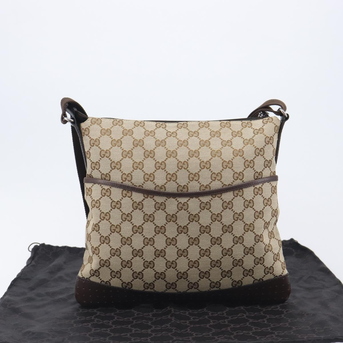 Gucci Zip Messenger Gg Canvas With Perforated Leather Beige Canvas Handbag (Pre-Owned)