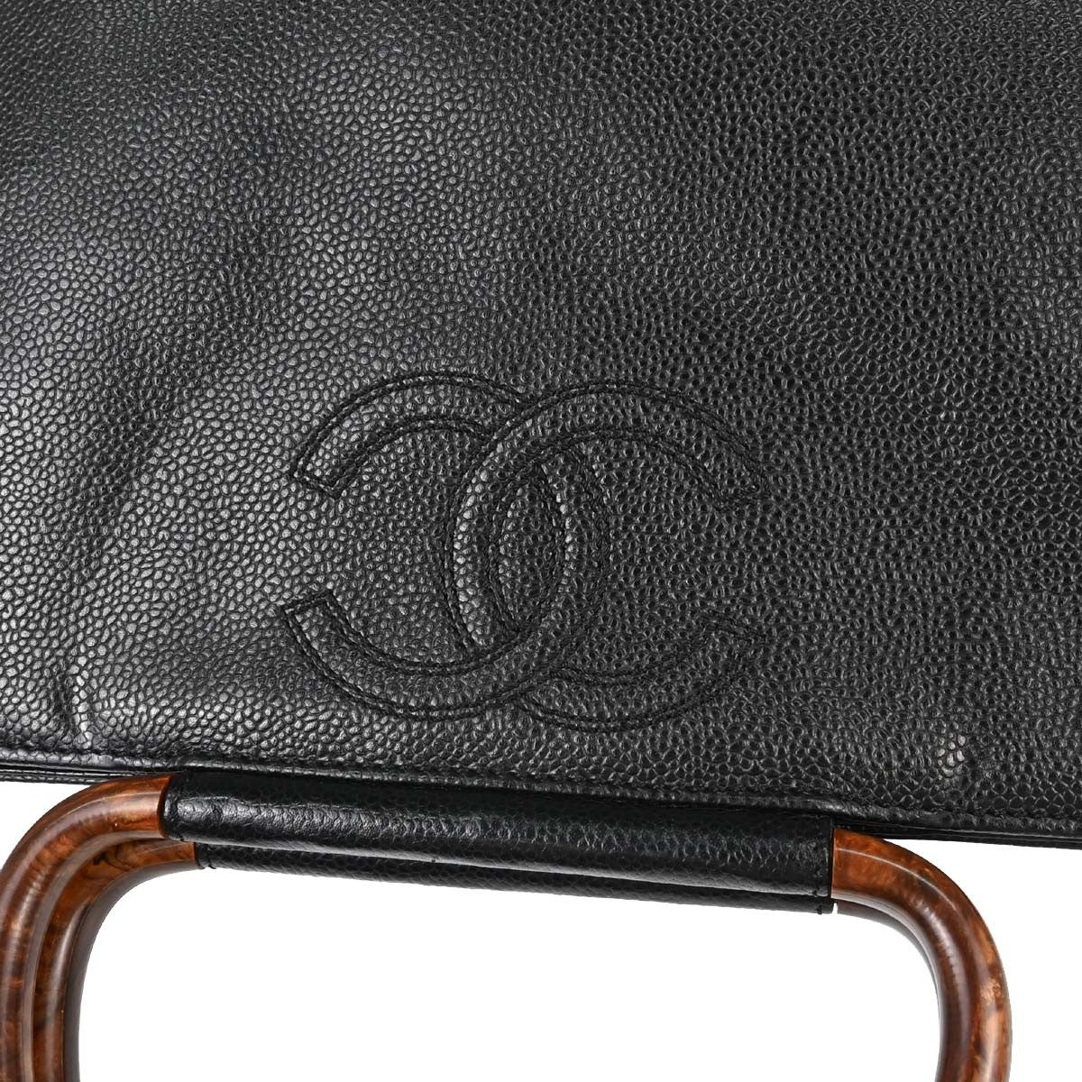 Chanel Vintage Wooden Caviar Black Leather Tote Bag Bag (Pre-Owned)