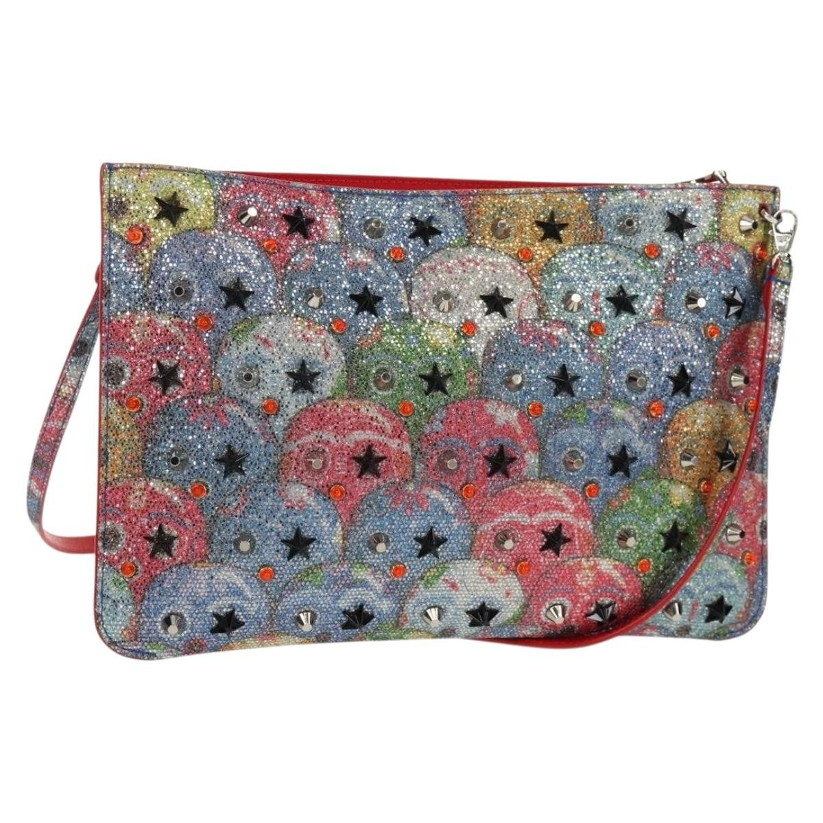 Christian Louboutin Loubiclutch Spiked Printed Leather Red Canvas Shoulder Bag Bag (Pre-Owned)