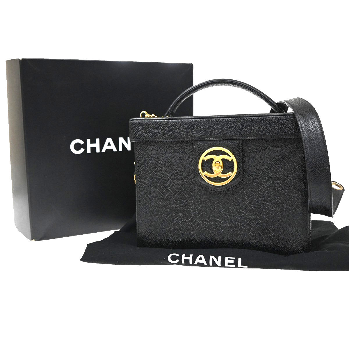 Chanel Vintage Vanity Case Calfskin Black Leather Handbag (Pre-Owned)
