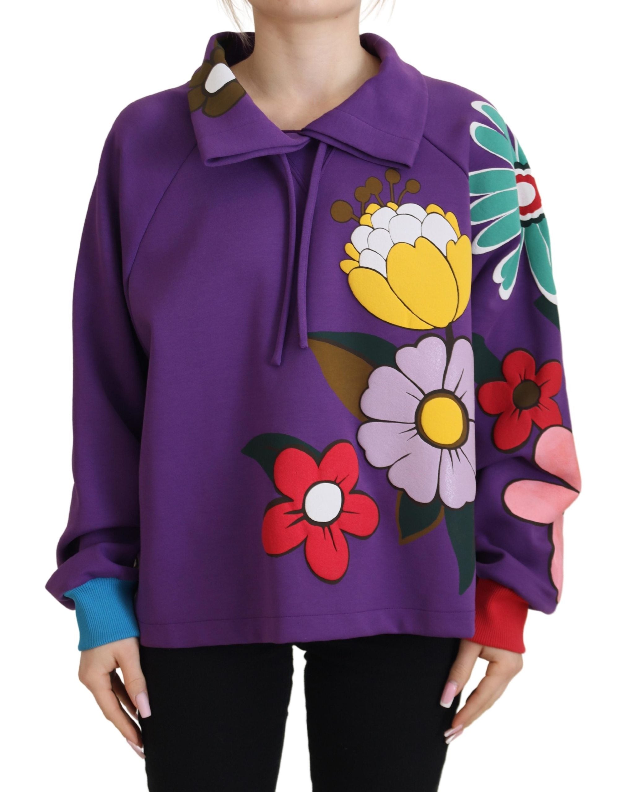 Dolce & Gabbana Purple Floral Print Pullover Cotton Women's Sweater
