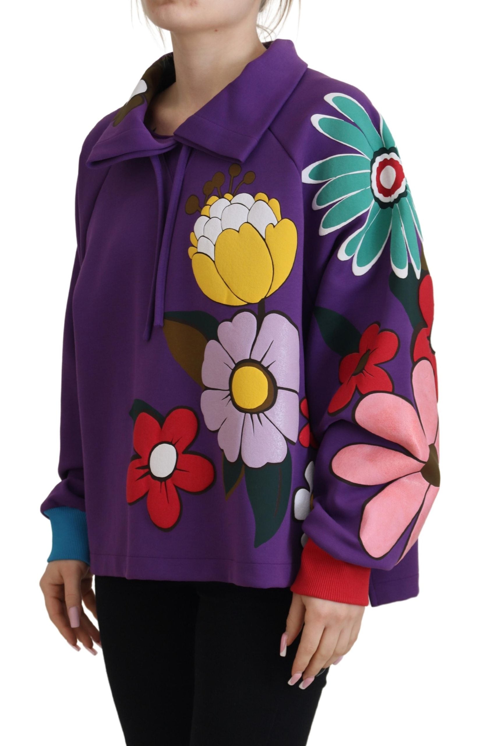 Dolce & Gabbana Purple Floral Print Pullover Cotton Women's Sweater