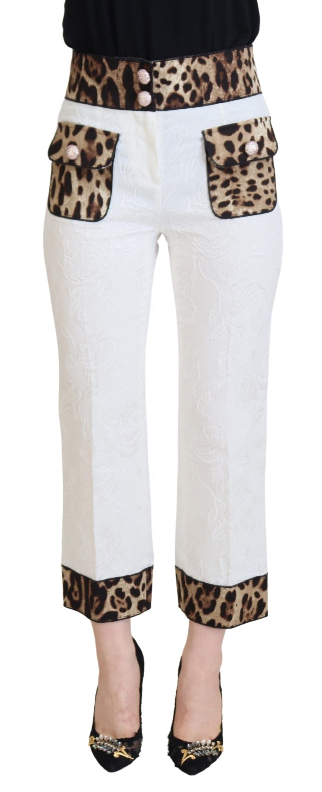 Dolce & Gabbana White Leopard Print High Waist Women's Pants