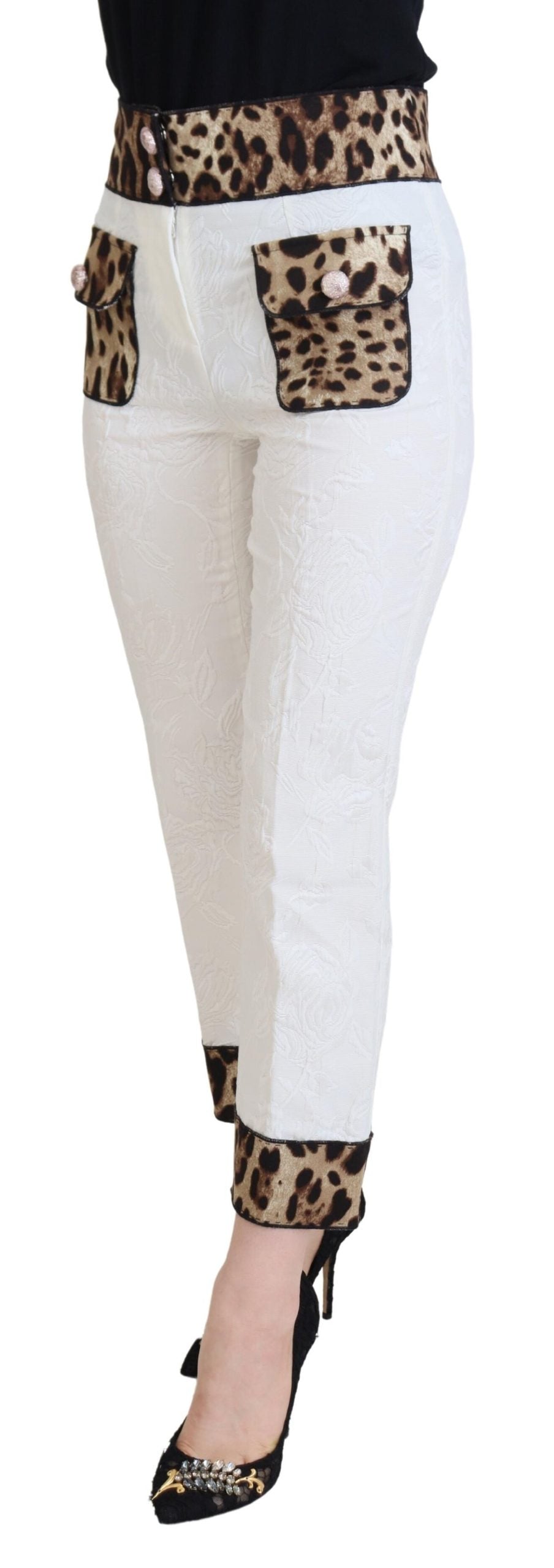 Dolce & Gabbana White Leopard Print High Waist Women's Pants