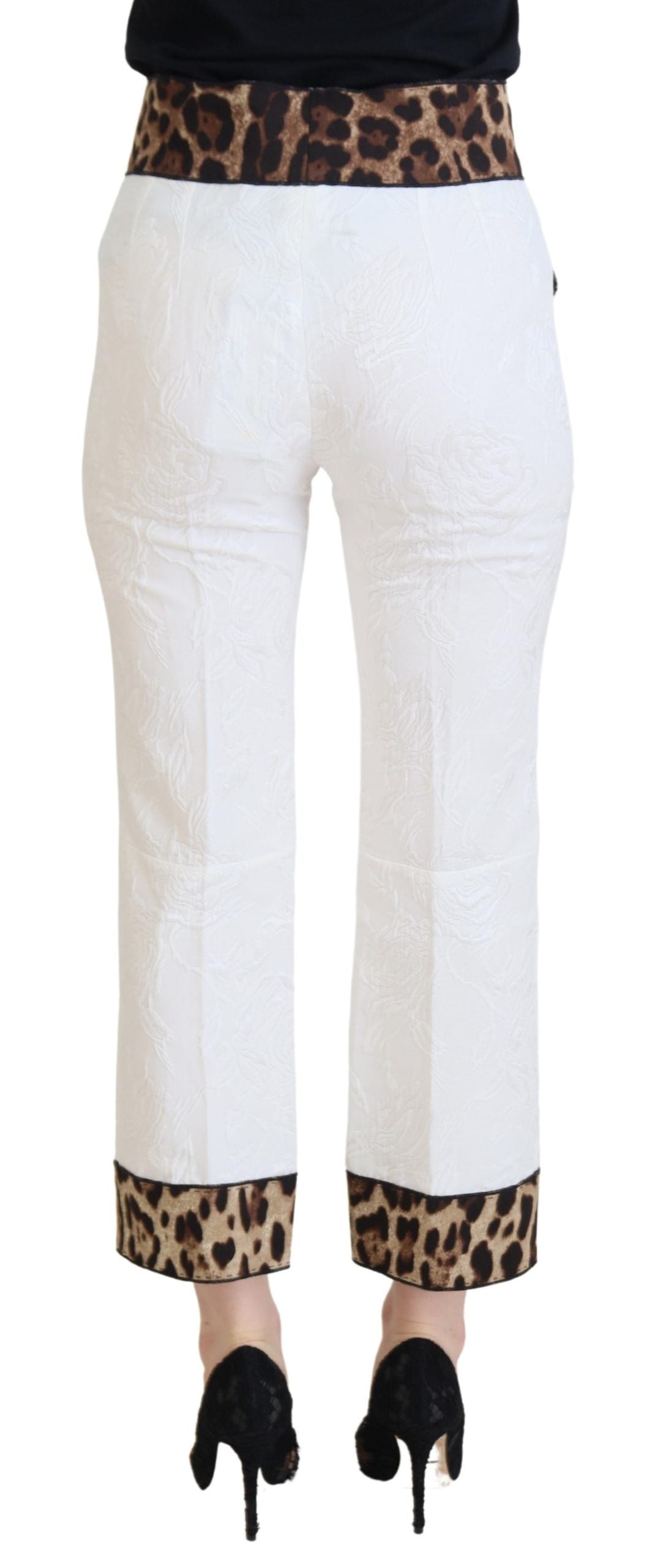 Dolce & Gabbana White Leopard Print High Waist Women's Pants