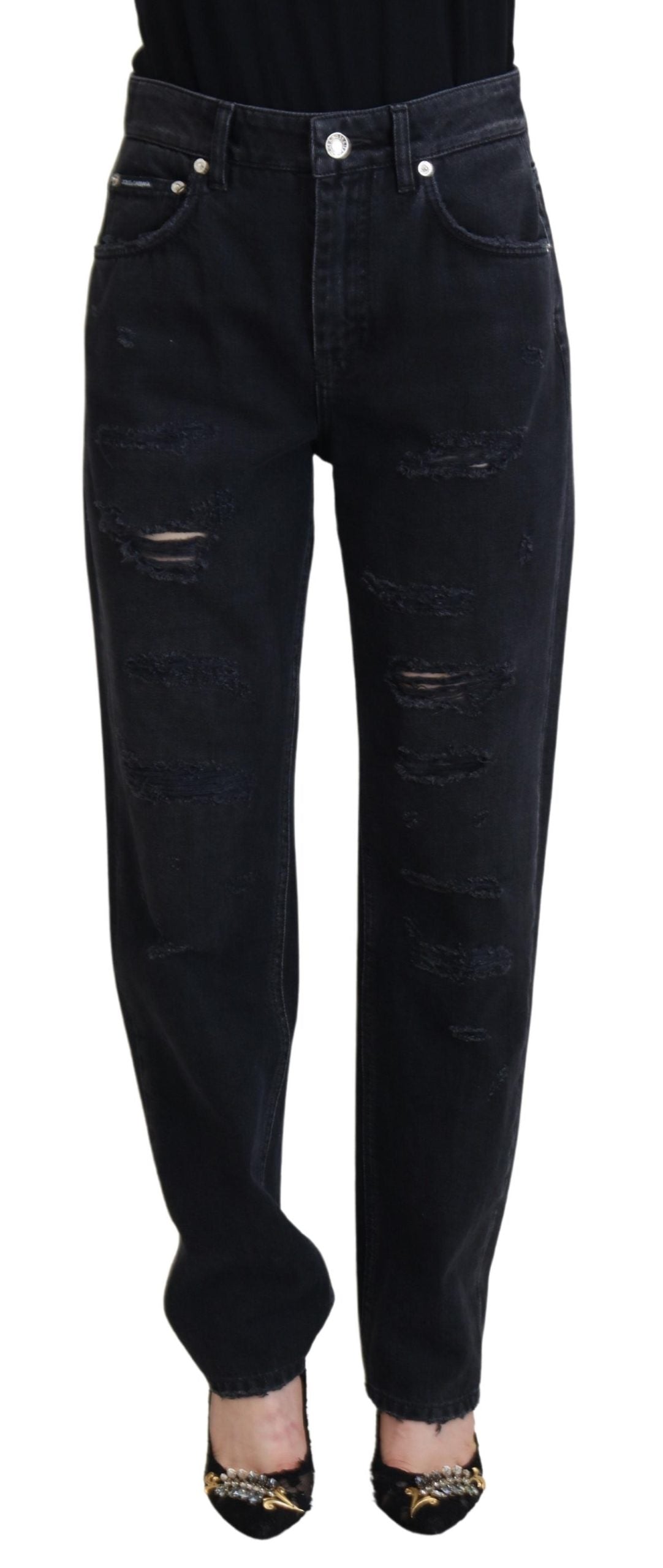 Dolce & Gabbana Black Cotton Tattered High Waist Denim Women's Jeans