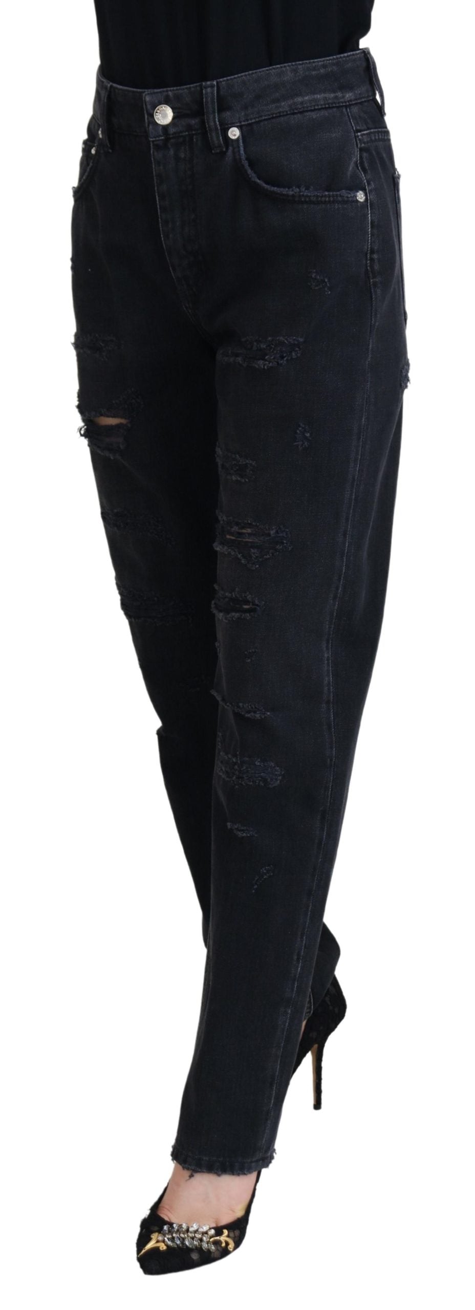 Dolce & Gabbana Black Cotton Tattered High Waist Denim Women's Jeans