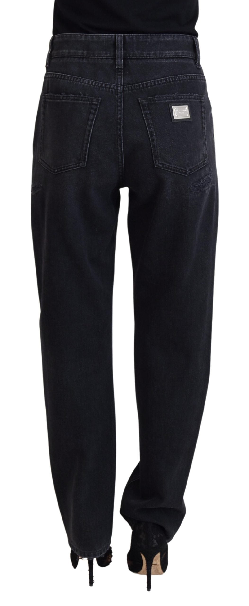 Dolce & Gabbana Black Cotton Tattered High Waist Denim Women's Jeans