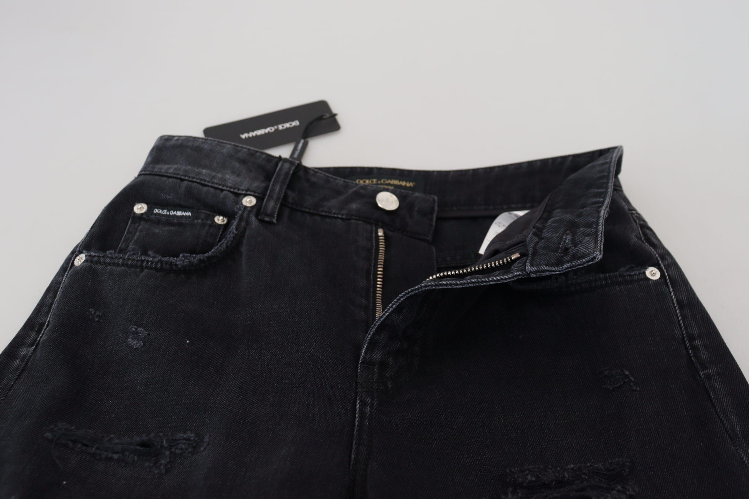 Dolce & Gabbana Black Cotton Tattered High Waist Denim Women's Jeans