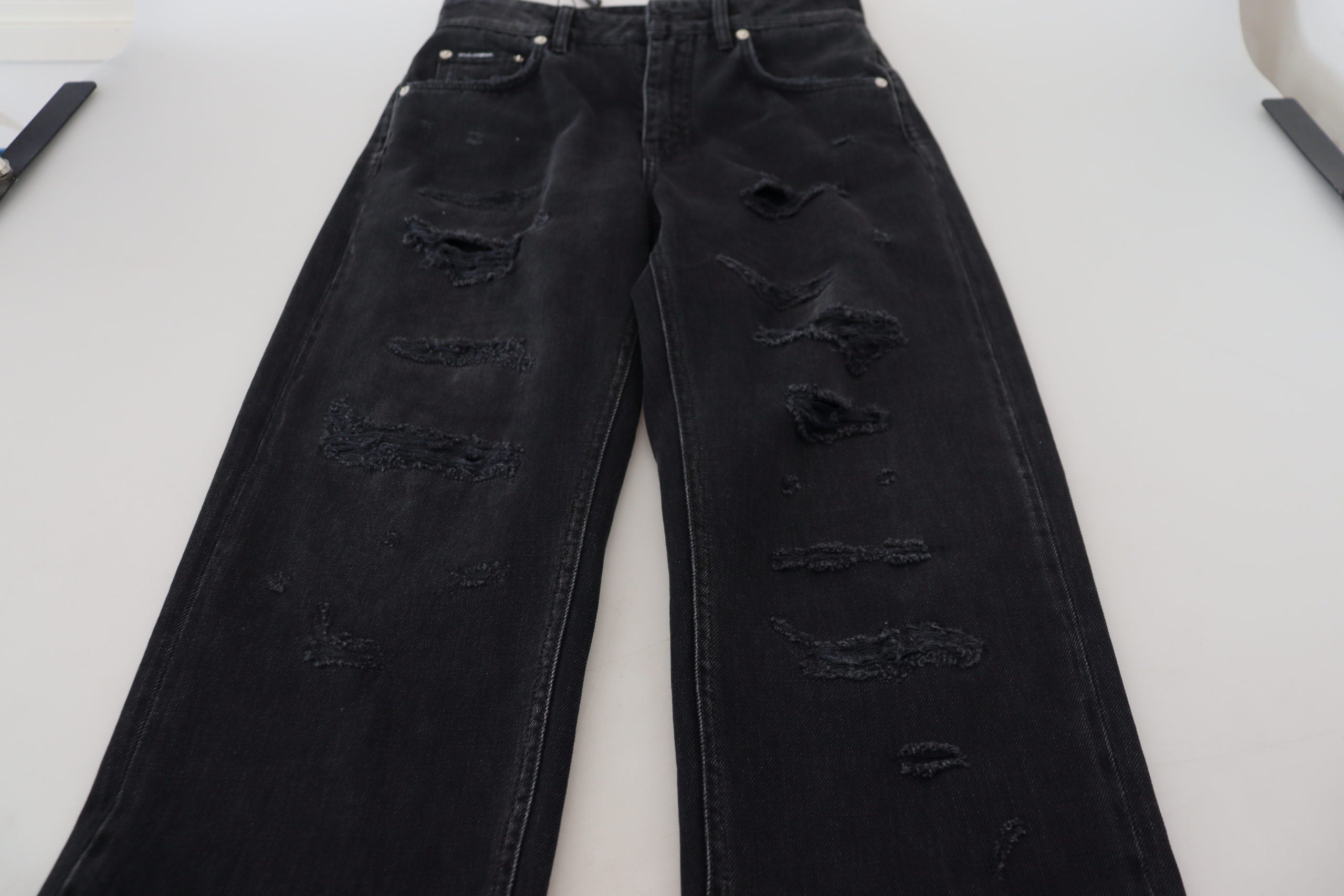 Dolce & Gabbana Black Cotton Tattered High Waist Denim Women's Jeans