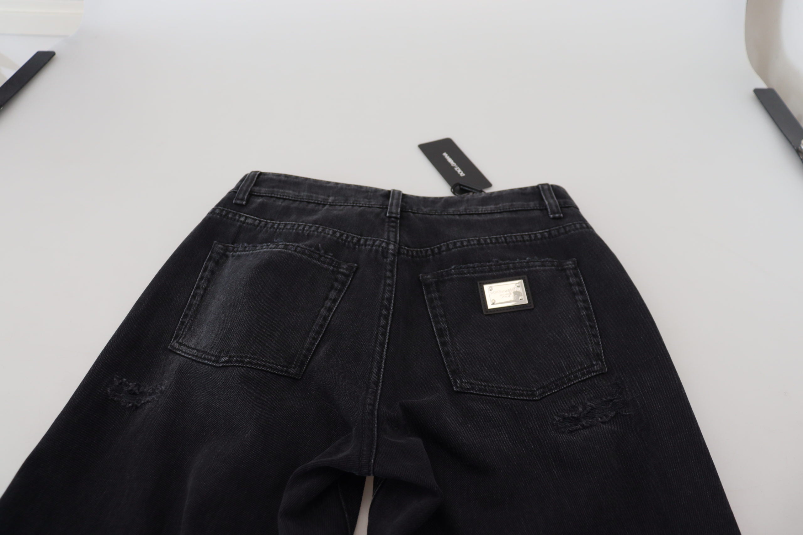 Dolce & Gabbana Black Cotton Tattered High Waist Denim Women's Jeans