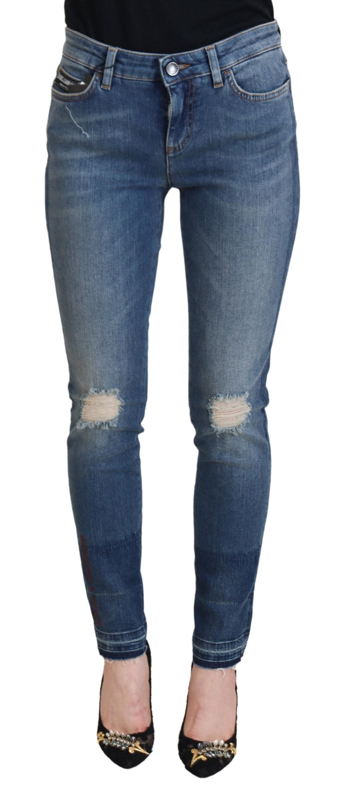 Dolce & Gabbana Blue Washed Cotton Tattered Denim Women's Jeans