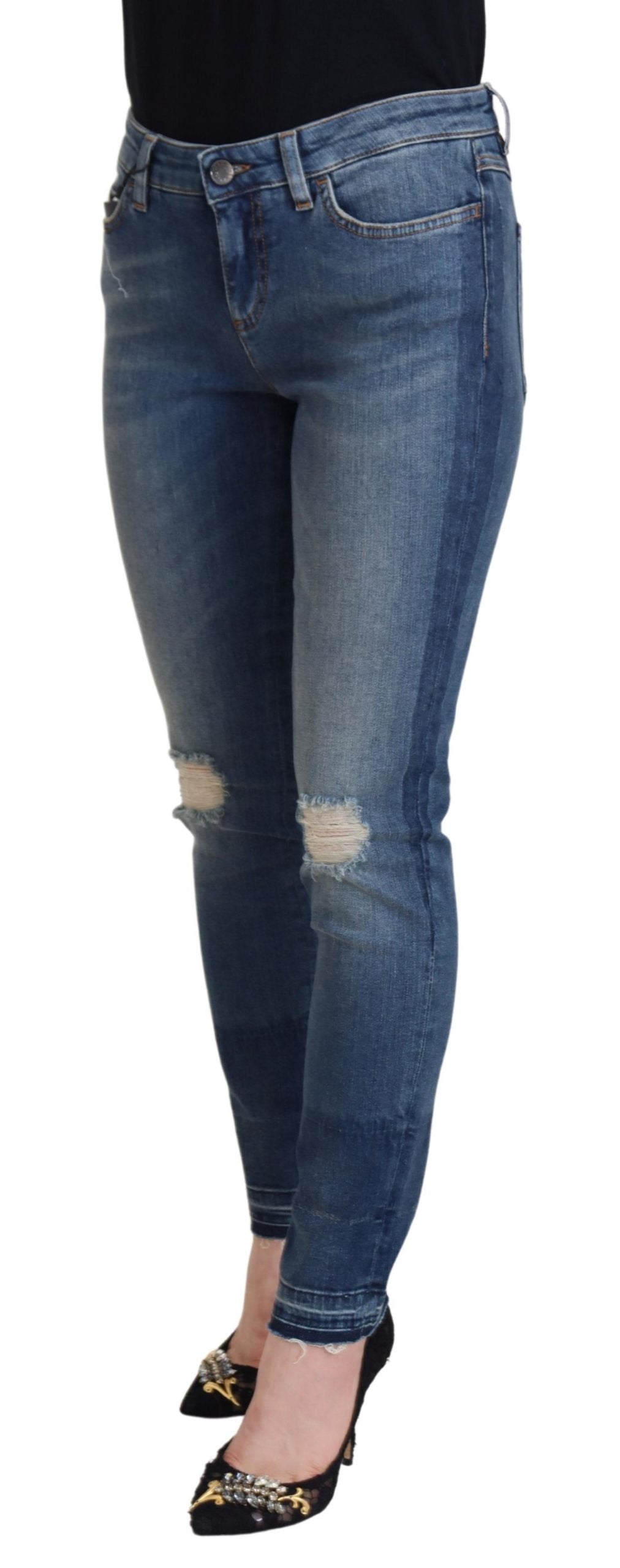 Dolce & Gabbana Blue Washed Cotton Tattered Denim Women's Jeans
