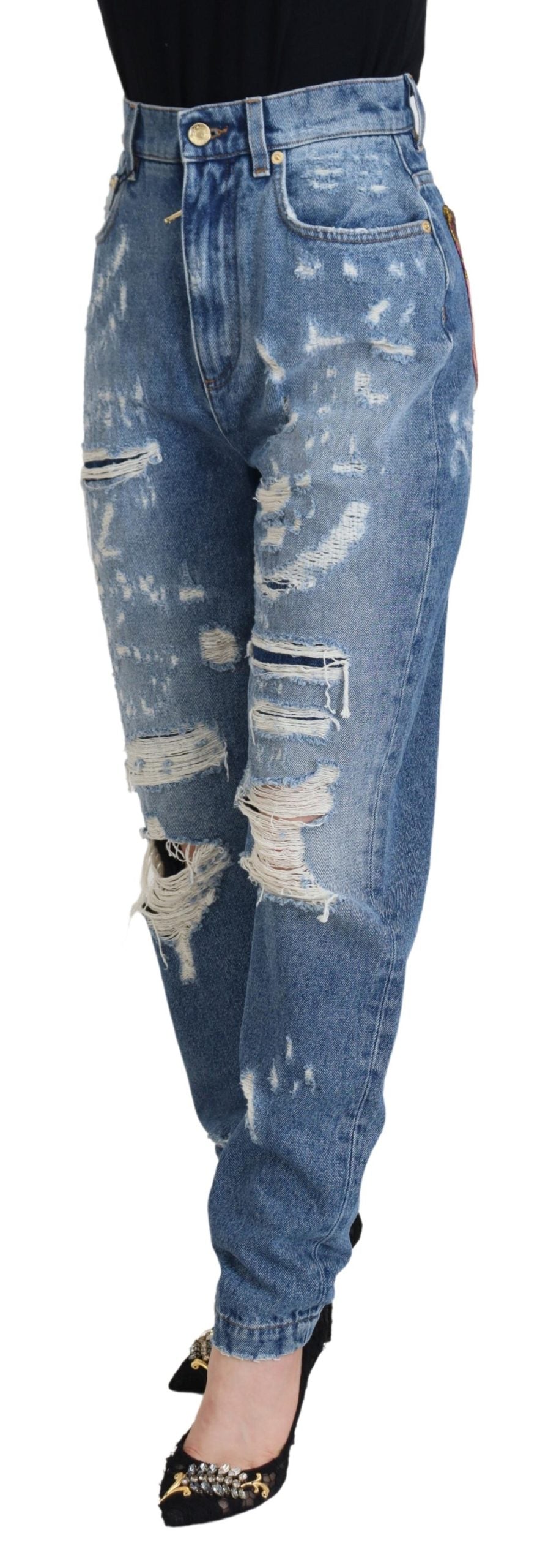 Dolce & Gabbana Blue Washed Cotton Tattered Denim Women's Jeans