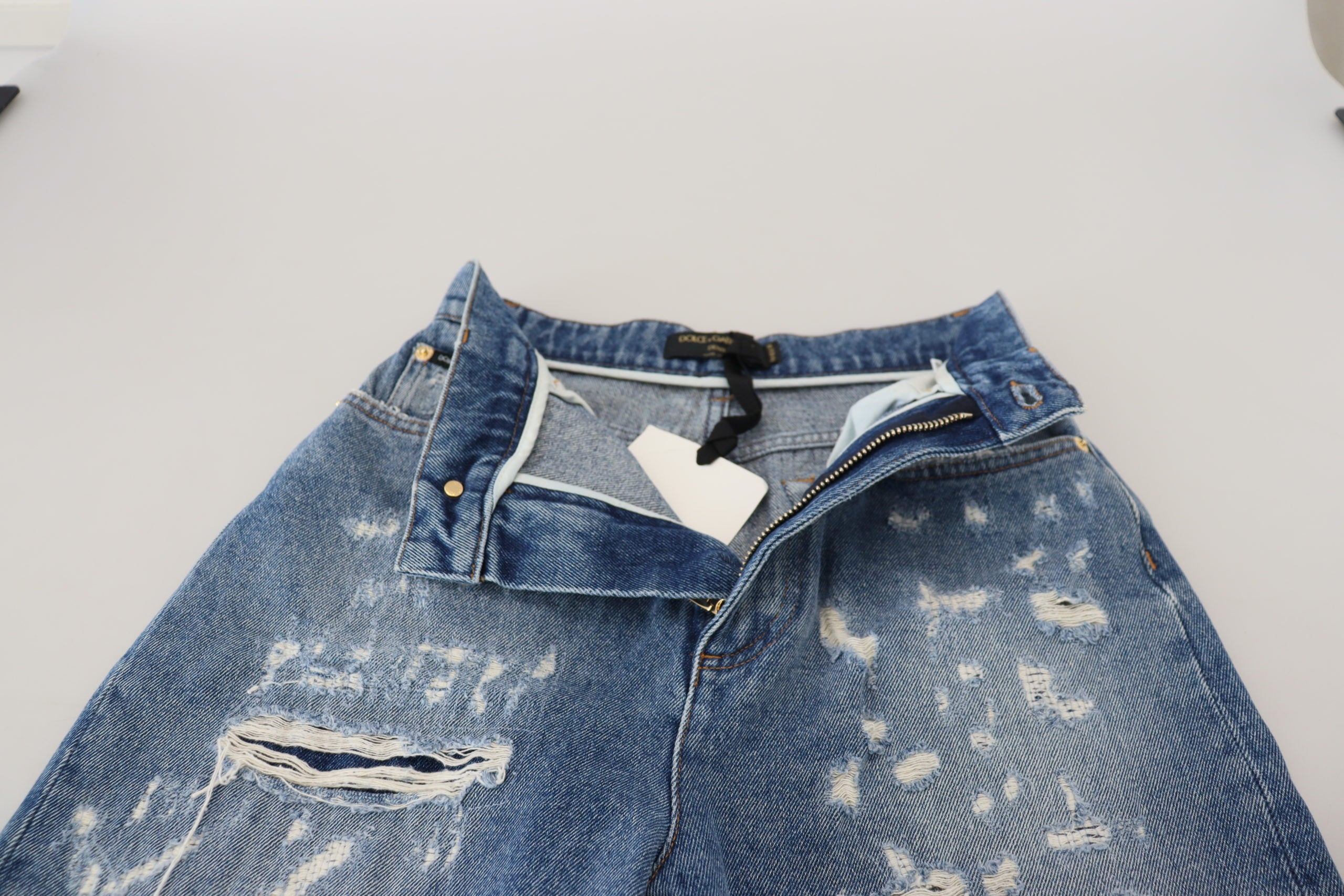 Dolce & Gabbana Blue Washed Cotton Tattered Denim Women's Jeans