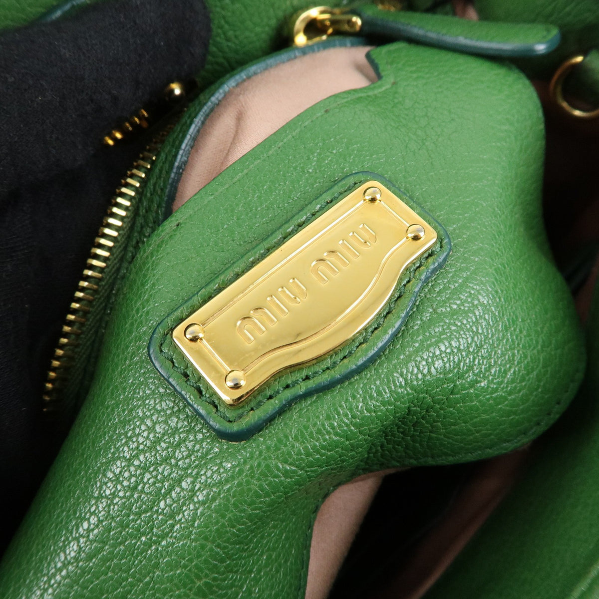 Miu Miu Madras Top Handle Leather Green Leather Handbag (Pre-Owned)