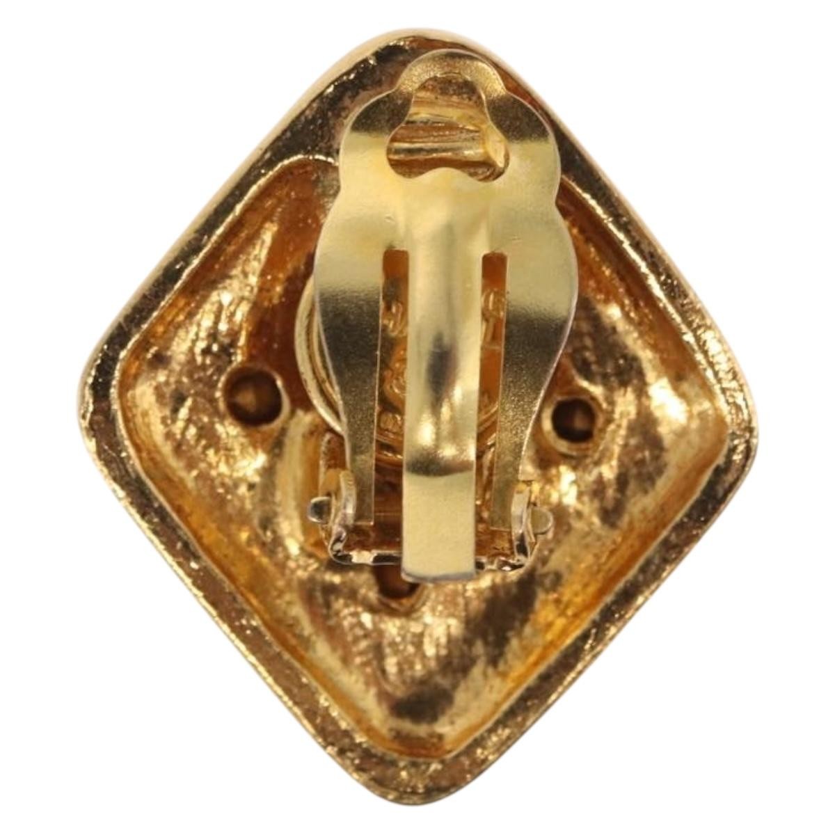 Chanel Vintage Diamond Clip-On Metal With Crystals Gold Metal Earrings Jewelry (Pre-Owned)
