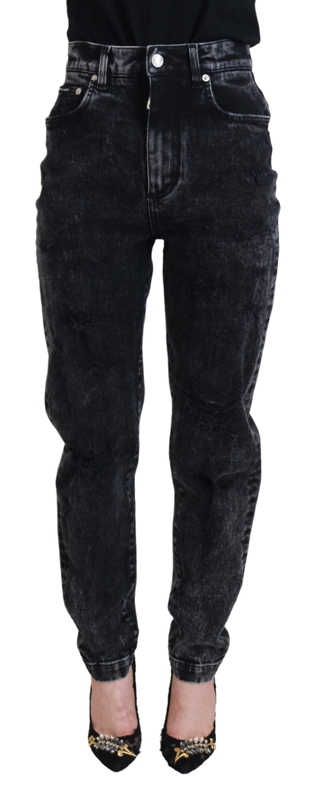 Dolce & Gabbana Black Washed Cotton High Waist Denim Women's Jeans