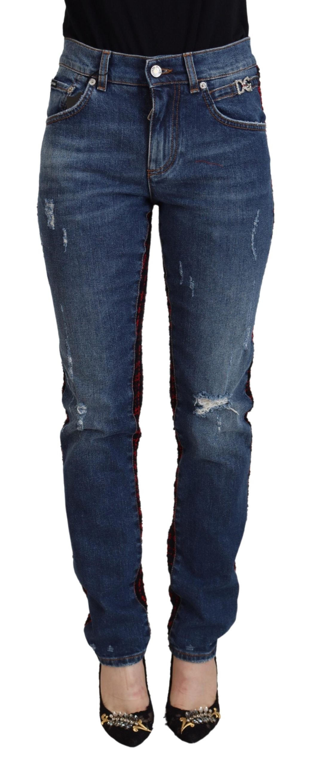 Dolce & Gabbana Blue Checkered Back Skinny Denim Women's Jeans