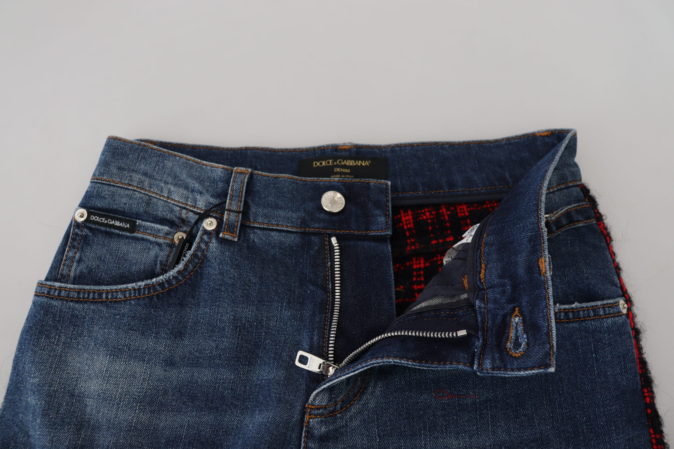 Dolce & Gabbana Blue Checkered Back Skinny Denim Women's Jeans