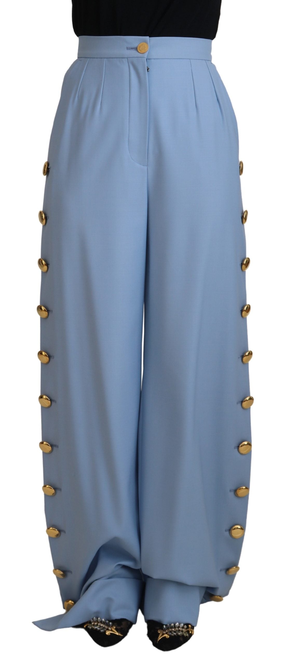 Dolce & Gabbana Light Blue Button Wide Leg Women's Pants